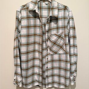 Aerie Boyfriend Fit Flannel Shirt White Green Brown